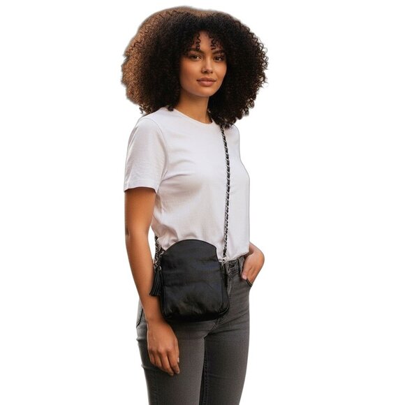 Black Leather Crossbody Tassel Bag W/ Woven Chain Strap - Picture 2 of 12